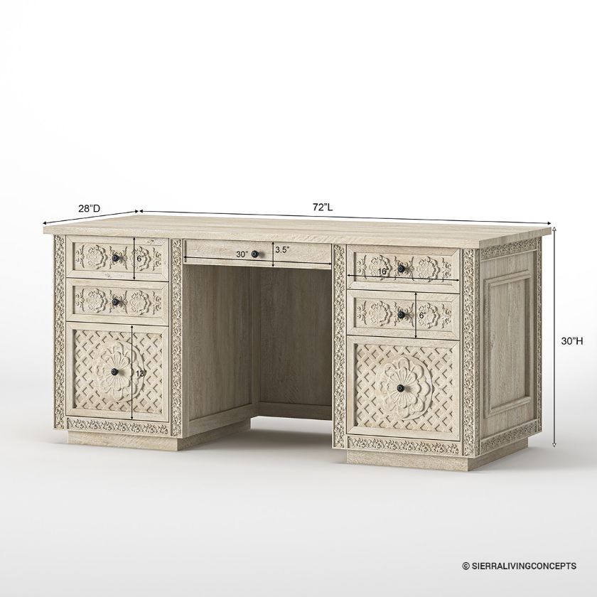 Nuala Hand Carved Weathered White Executive Desk Dimension Image