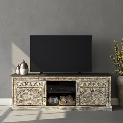 Midnight Snow Reclaimed Rustic Wood TV Stand with Storage (70")