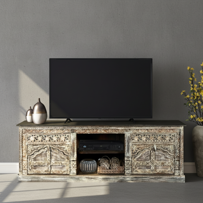Midnight Snow Reclaimed Rustic Wood TV Stand with Storage (70")