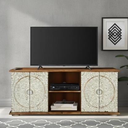 Mandala Art Solid Wood White TV Media Console Cabinet (59")