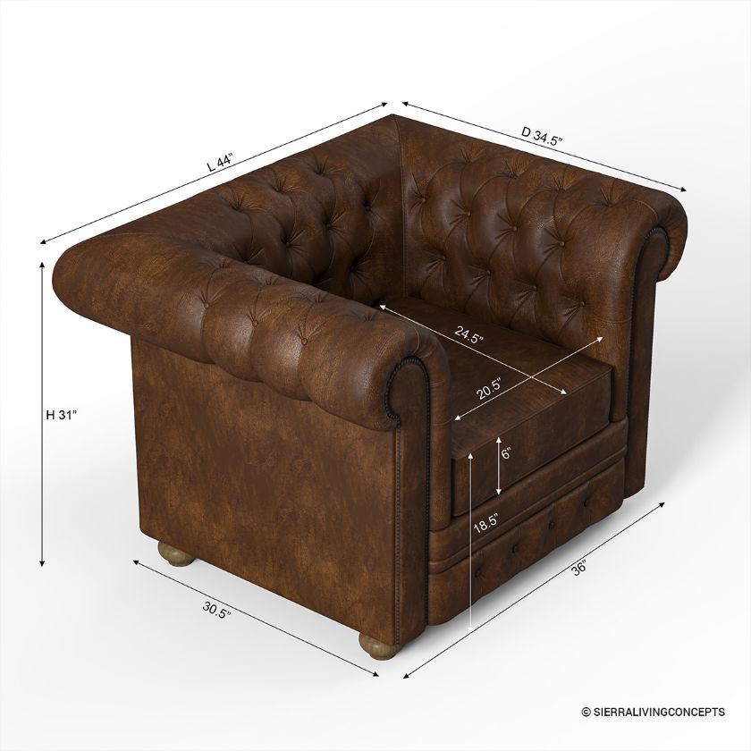 Farnham Single Seater Brown Leather Chesterfield Sofa Dimension Image
