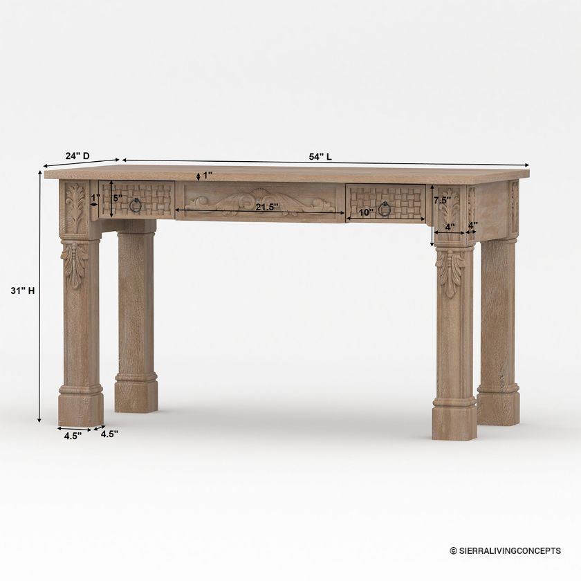 Miramachi Carved Solid Wood Writing Desk with Drawers Dimension Image