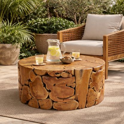 Picture of Guilford Antique Outdoor Round Teak Slice Coffee Table