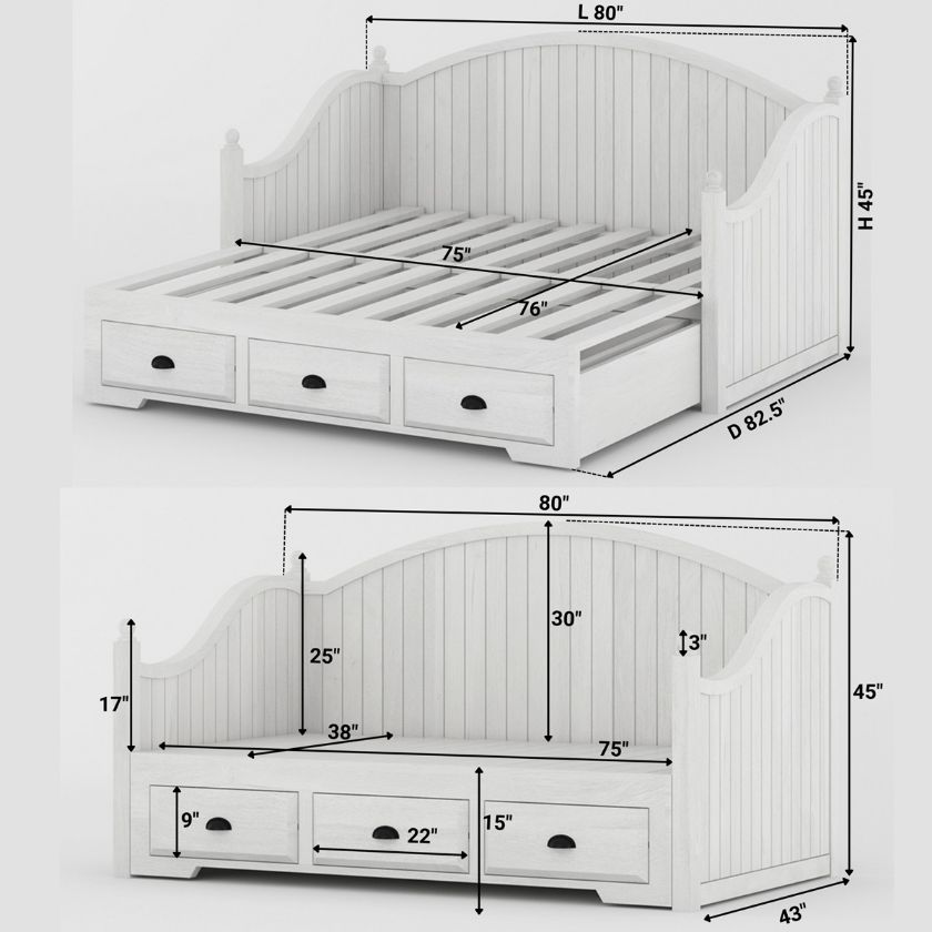 Thionville White Daybed With Trundle And Storage Dimension Image