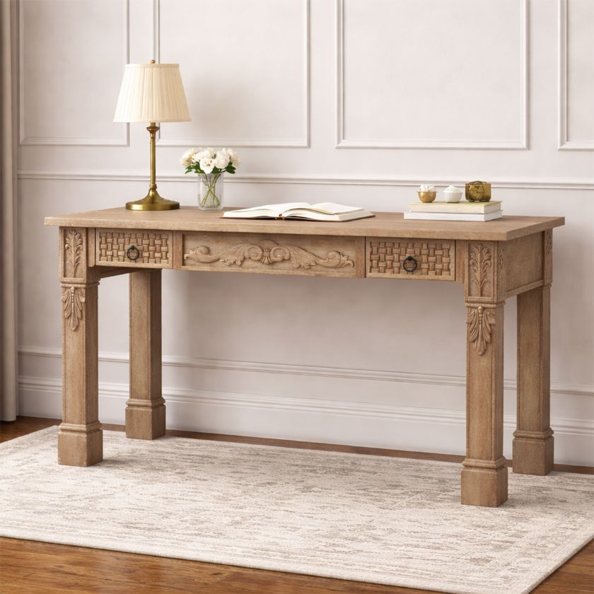 Picture of Miramachi Carved Solid Wood Writing Desk with Drawers