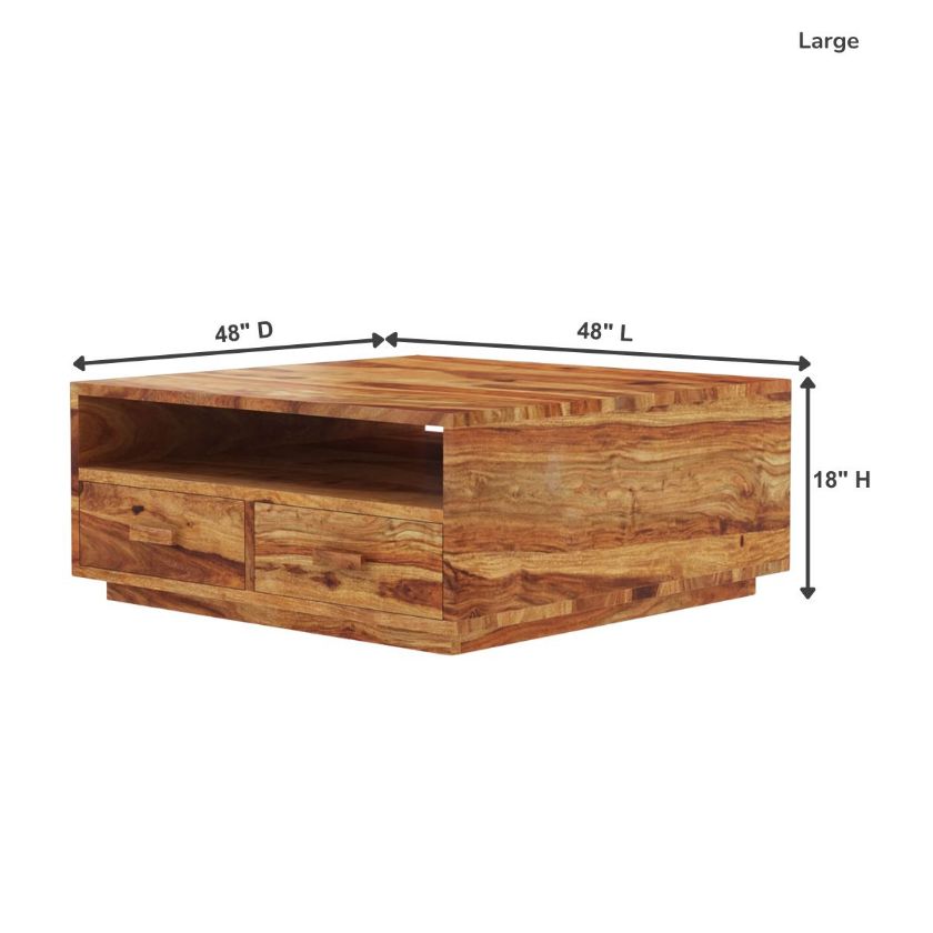 Delaware Rustic Solid Wood Square Coffee Table with 4 Drawers Size Image