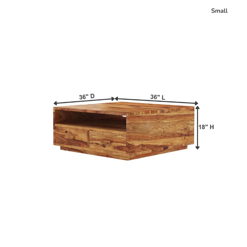 Delaware Rustic Solid Wood Square Coffee Table with 4 Drawers Size Image