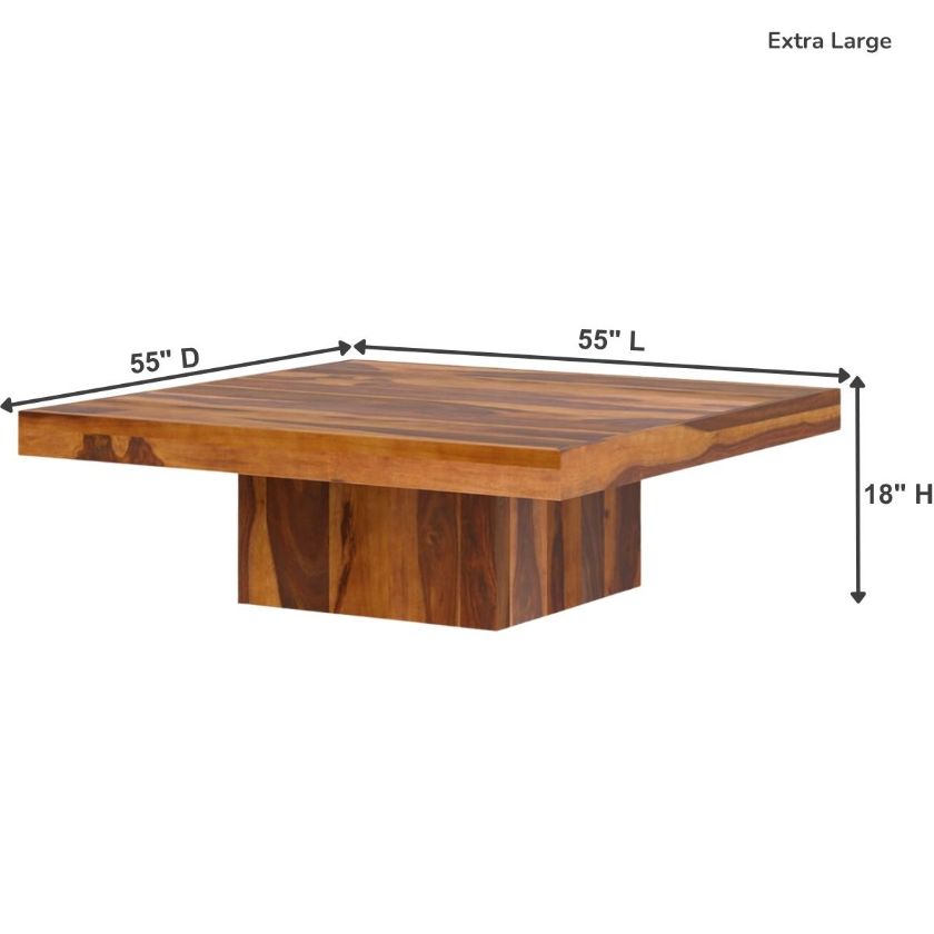 Brocton Rustic Solid Wood Large Square Pedestal Coffee Table Size Image