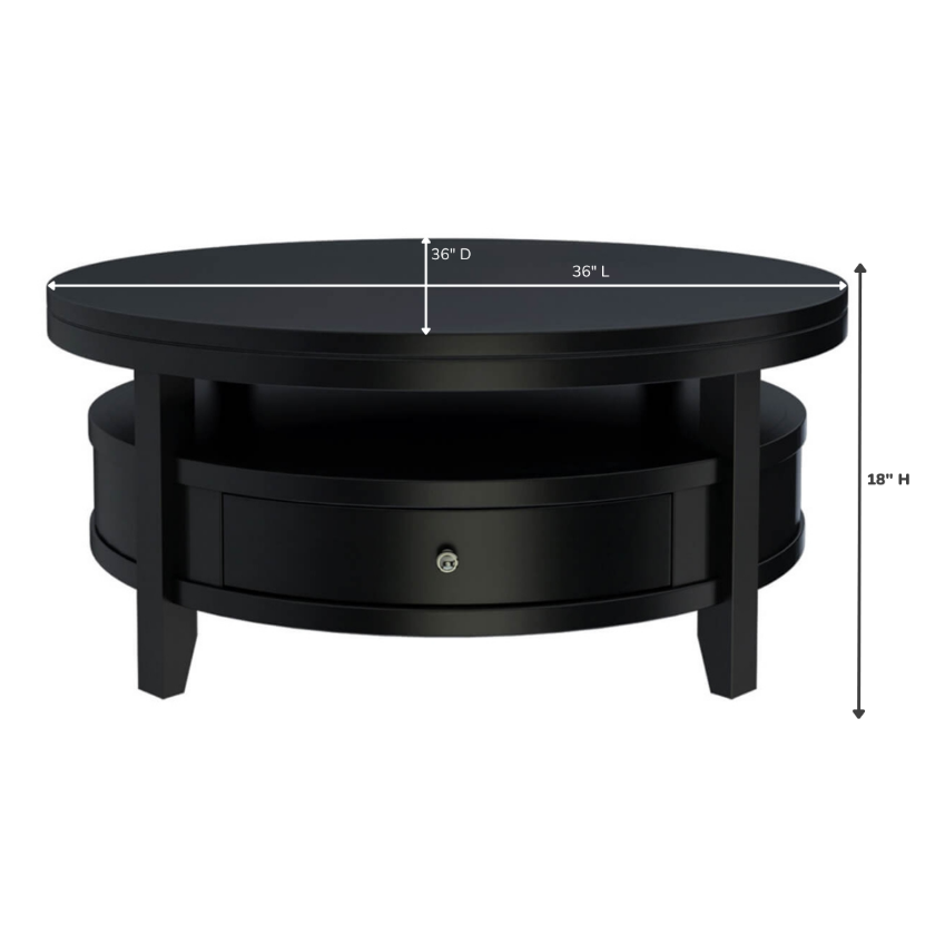 Toledo Solid Wood Black Modern Round Coffee Table Size Image