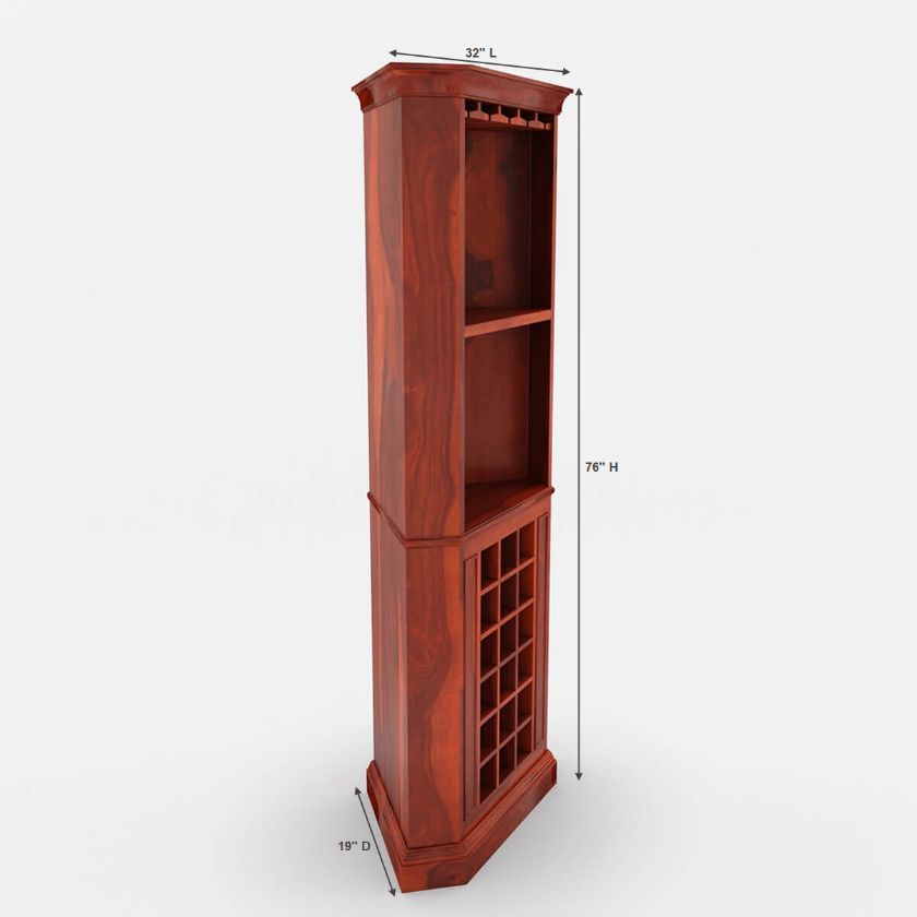 Louis Rustic Solid Wood Tall Corner Bar Cabinet With Wine Rack Dimension Image