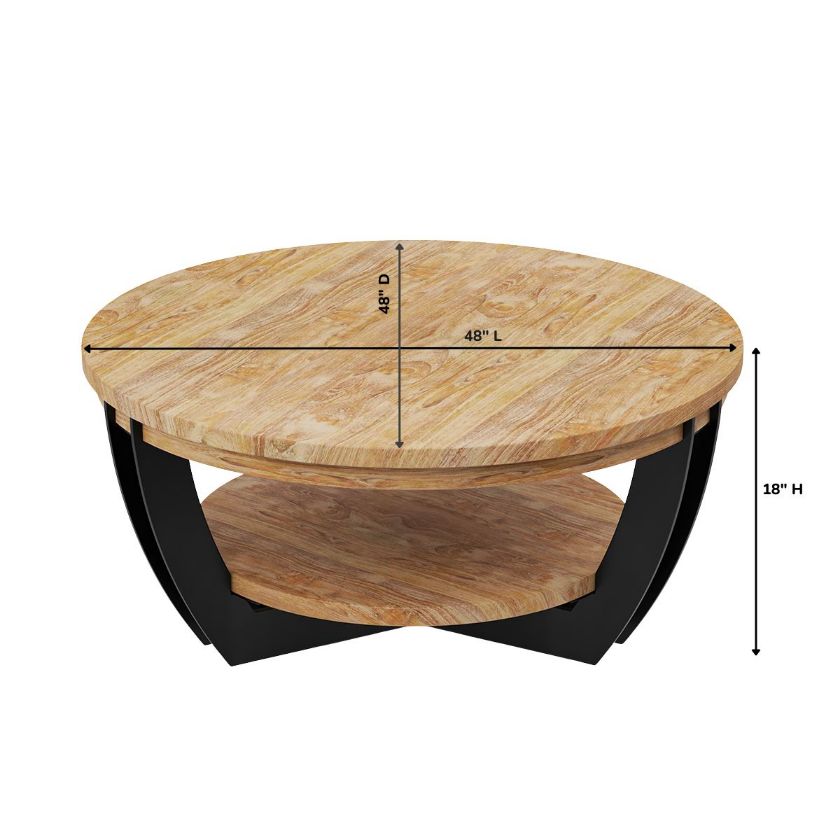 Upland Rustic Handcrafted Teak Wood Iron Round 2 Tier Coffee Table Size Image
