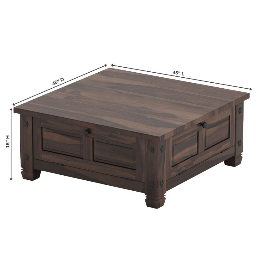Russet Solid Wood 4 doors Square Rustic Coffee Table With Storage Size Image