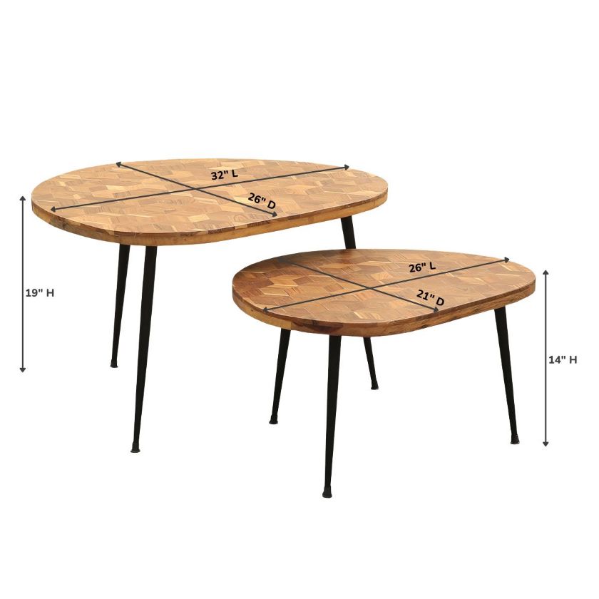 Fraser Mid Century Modern Curved Top Nesting Coffee Table Dimension Image