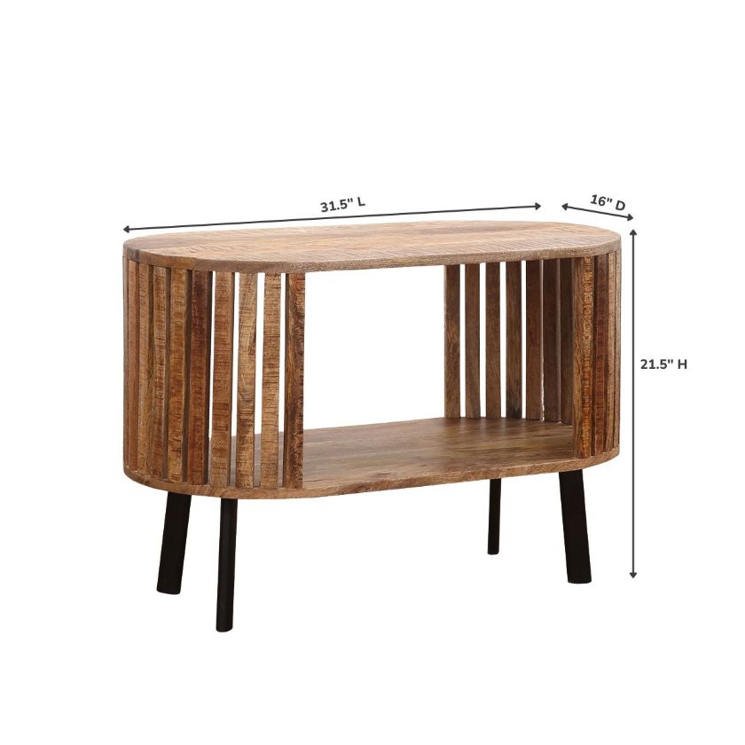 Abbotsford Slatted Curved Rustic Wood Coffee Table Dimension Image