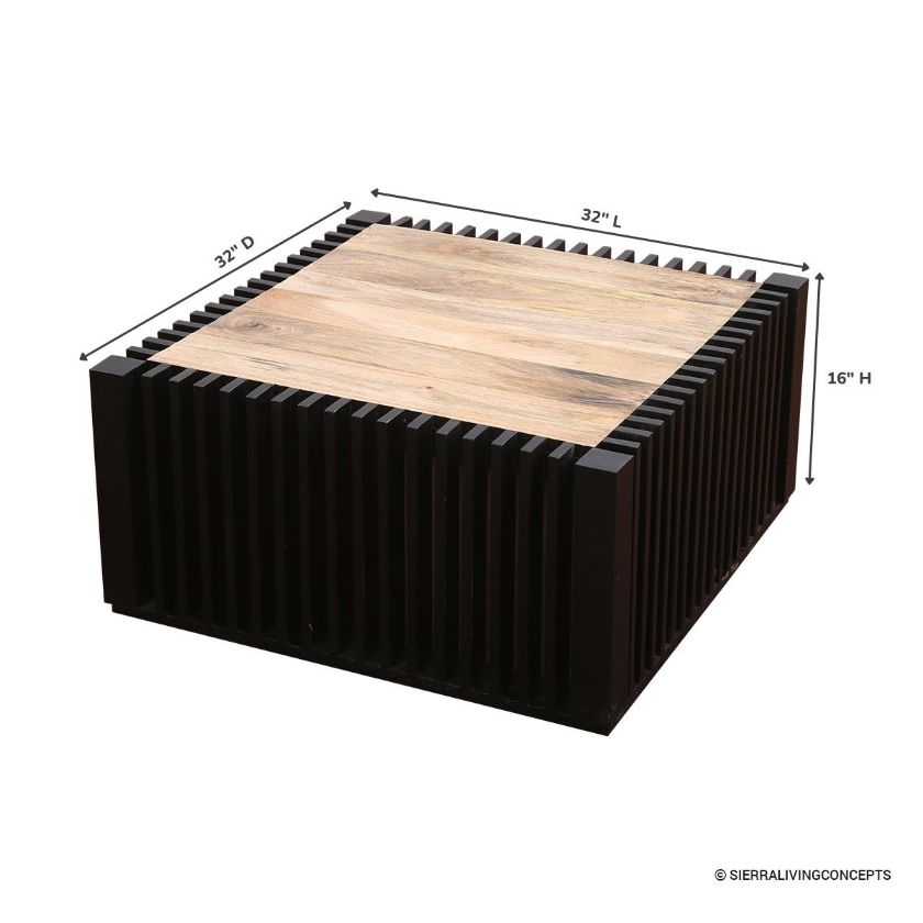 Drummondville Black Slatted Large Square Coffee Table Dimension Image