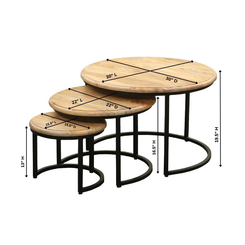 Portugal Industrial 3 Piece Round Nesting Coffee Table Set Dimension Image