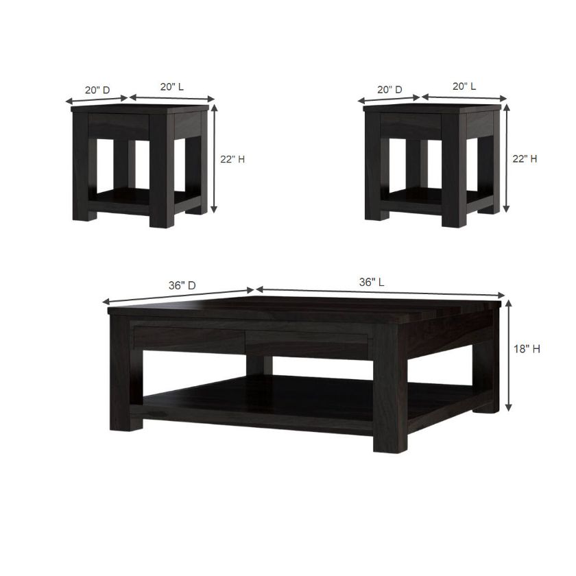 Glencoe Contemporary Solid Wood Square 3 Piece Coffee Table Sets Size Image