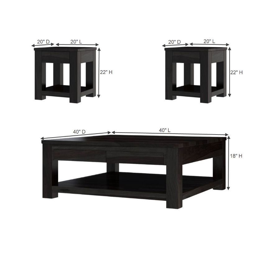 Glencoe Contemporary Solid Wood Square 3 Piece Coffee Table Sets Size Image