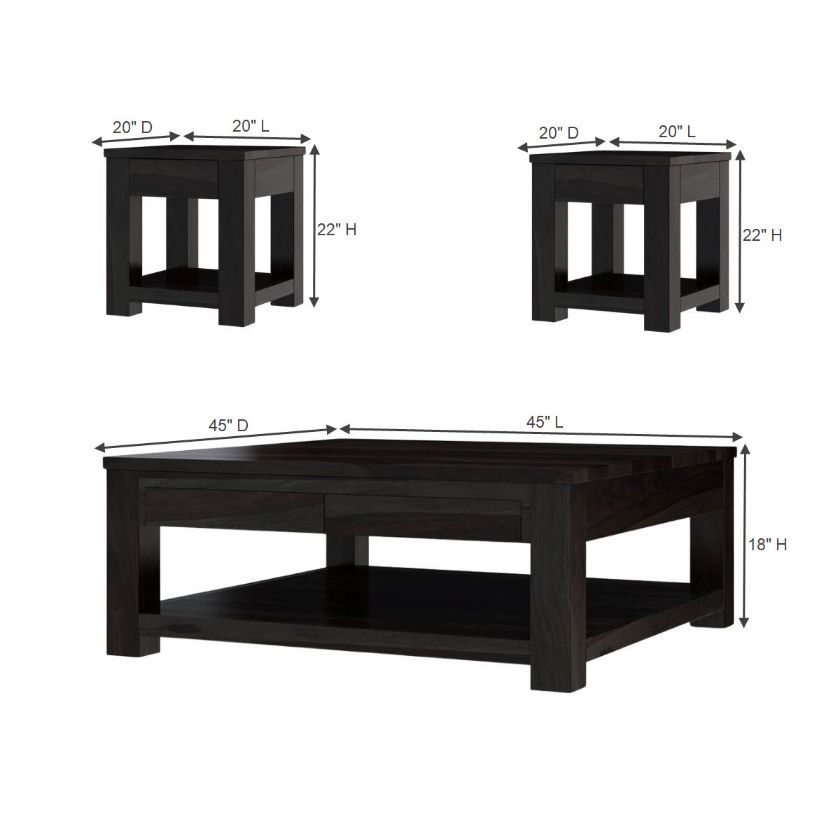 Glencoe Contemporary Solid Wood Square 3 Piece Coffee Table Sets Size Image