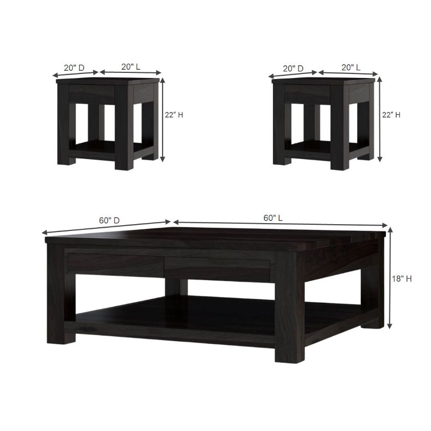 Glencoe Contemporary Solid Wood Square 3 Piece Coffee Table Sets Size Image