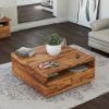 Delaware Rustic Solid Wood Square Coffee Table with 4 Drawers