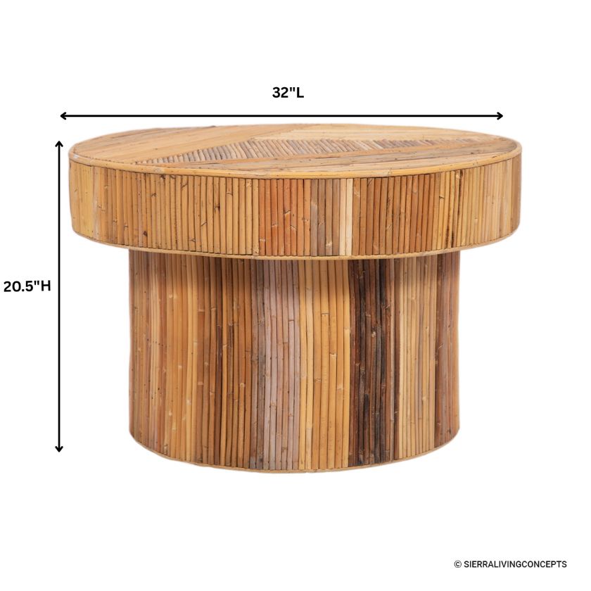 Trenton Fluted Pattern Rattan Round Coffee Table Dimension Image