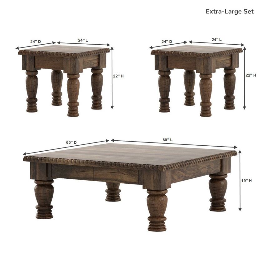 Renens Traditional Solid Wood Square Coffee Table & End Table Sets Size Image