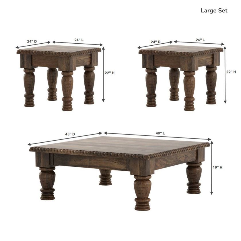 Renens Traditional Solid Wood Square Coffee Table & End Table Sets Size Image
