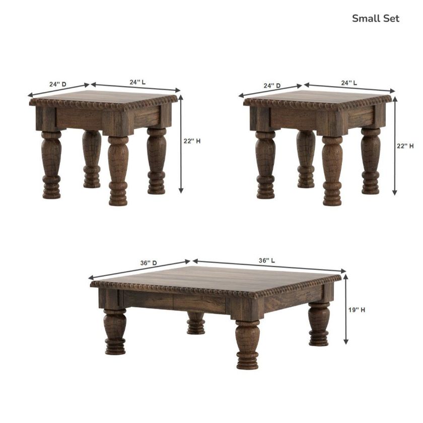 Renens Traditional Solid Wood Square Coffee Table & End Table Sets Size Image