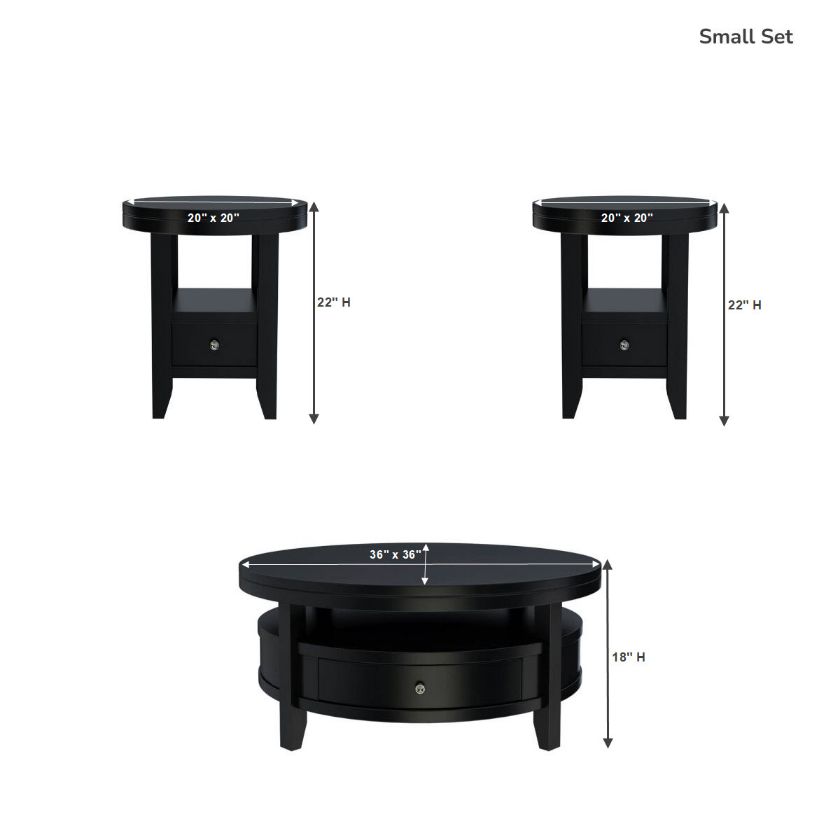Toledo Modern Black Round 3 Piece Coffee Table Sets Size Image