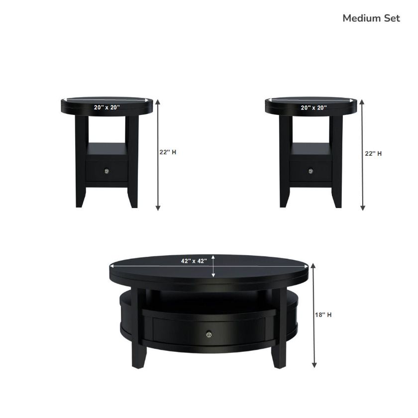 Toledo Modern Black Round 3 Piece Coffee Table Sets Size Image