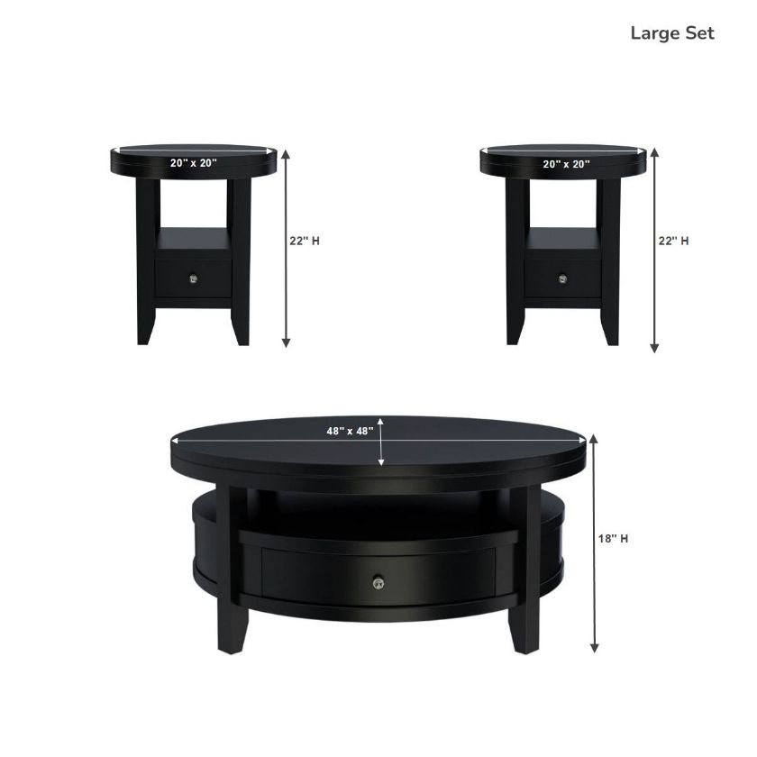 Toledo Modern Black Round 3 Piece Coffee Table Sets Size Image