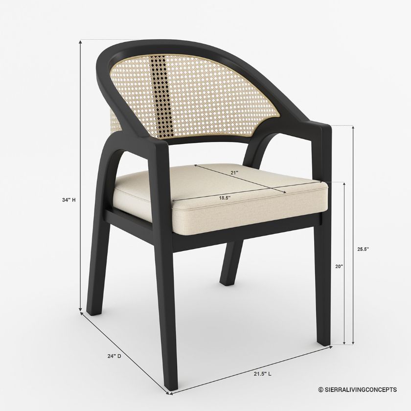 Slave Modern Cane Back Black Dining Chair with Arms Dimension Image