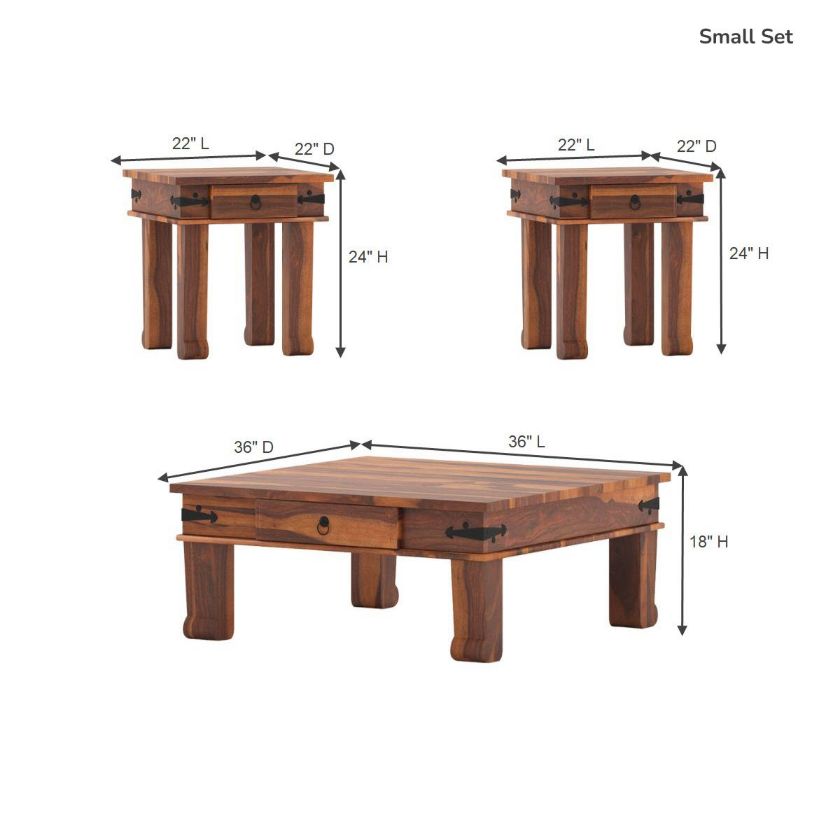 Terrarum Rustic Solid Wood 3 Piece Square Coffee Table Set Size Image
