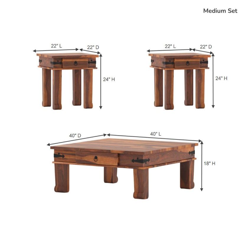 Terrarum Rustic Solid Wood 3 Piece Square Coffee Table Set Size Image