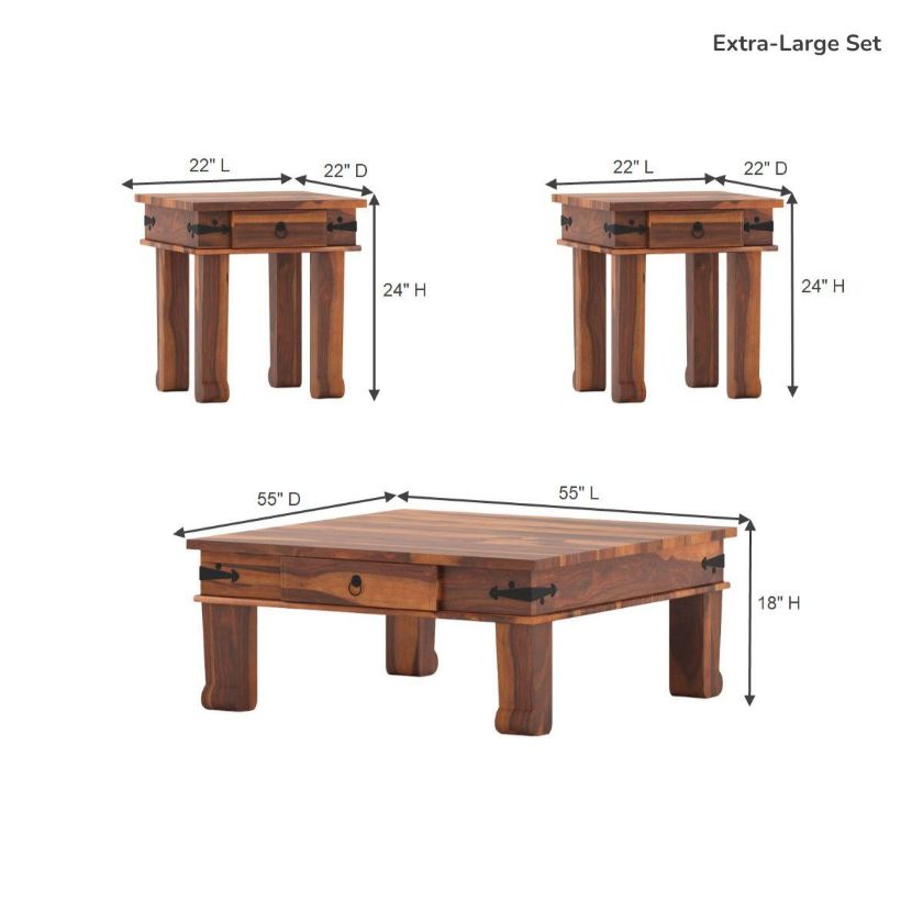Terrarum Rustic Solid Wood 3 Piece Square Coffee Table Set Size Image