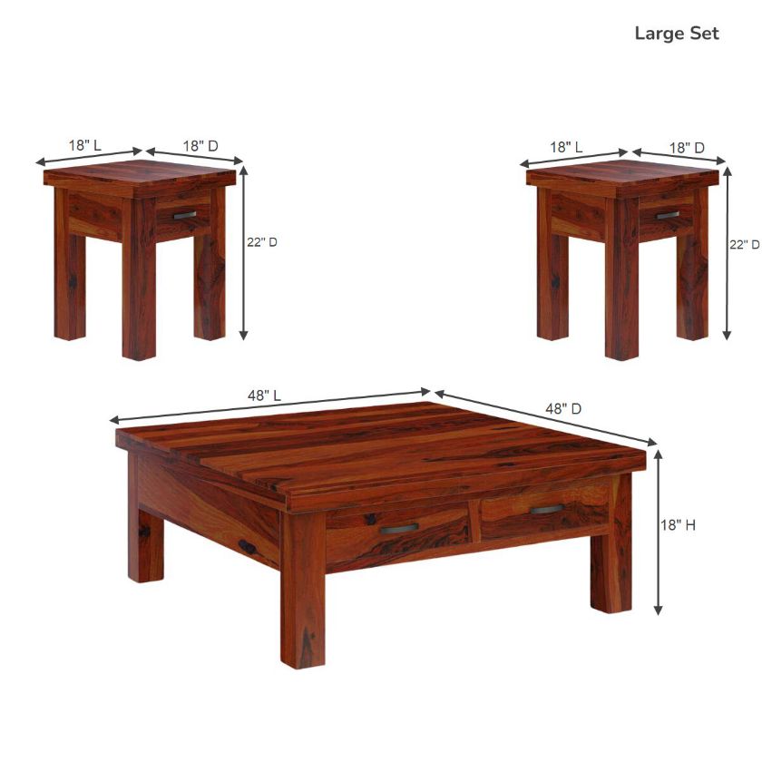 Cheverly Modern Style Solid Wood 3 Piece Coffee Table Set With Storage Size Image