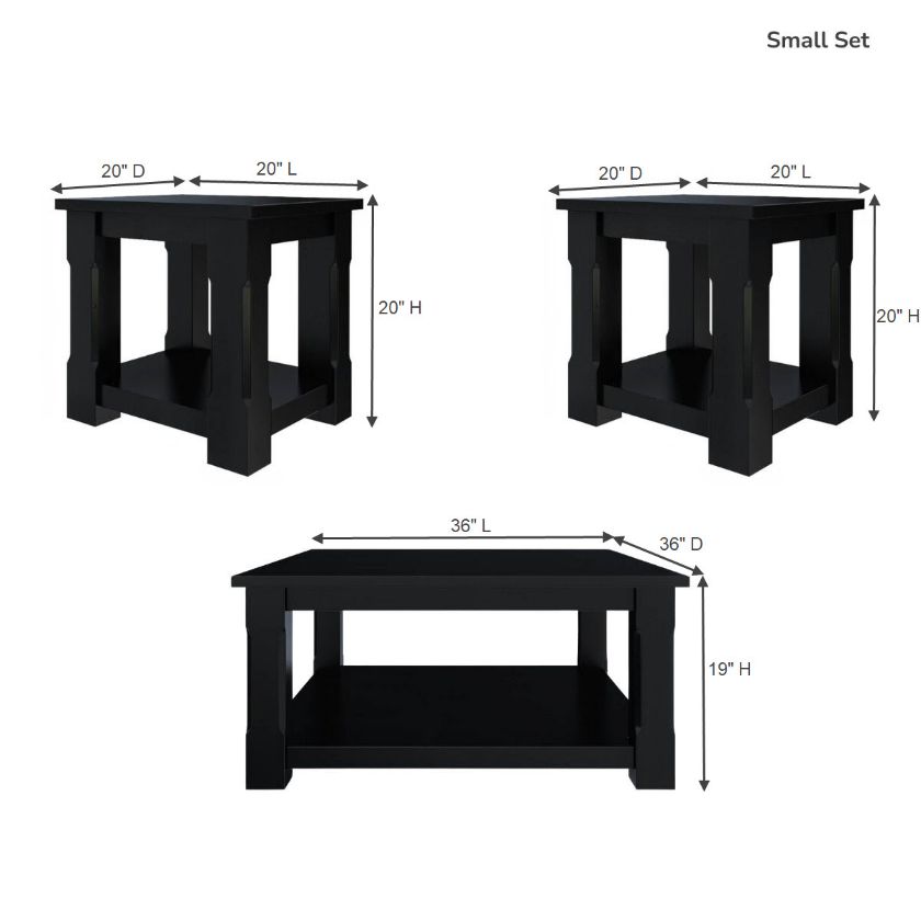Brimson Black Solid Wood 3 Piece Coffee Table Set Size Image