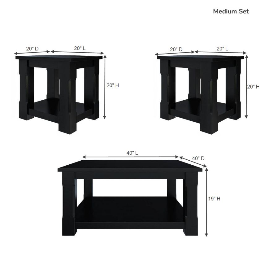Brimson Black Solid Wood 3 Piece Coffee Table Set Size Image