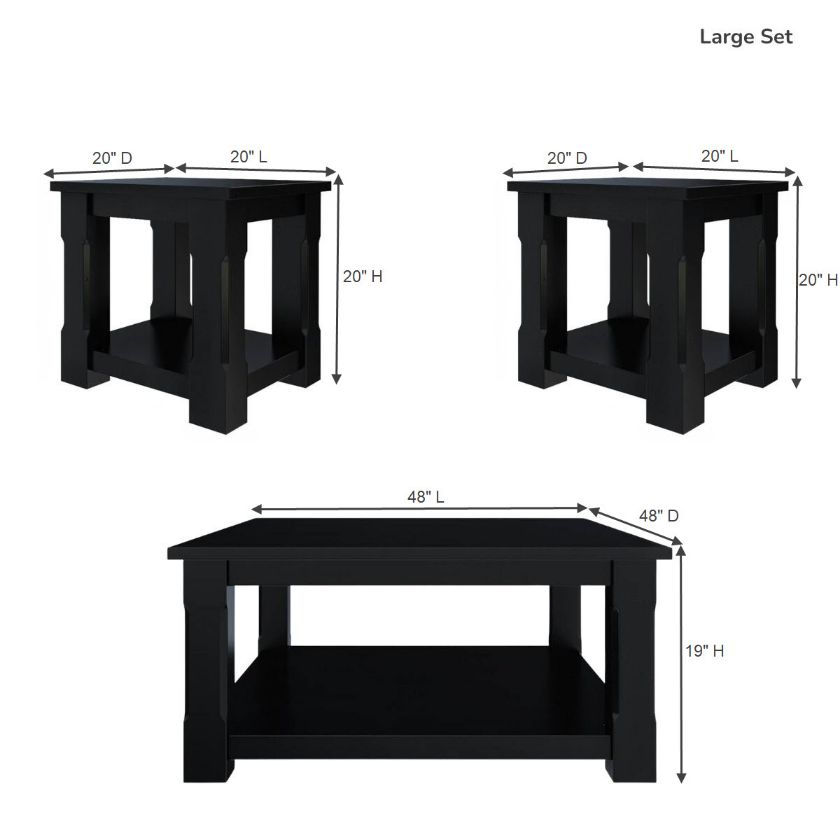 Brimson Black Solid Wood 3 Piece Coffee Table Set Size Image
