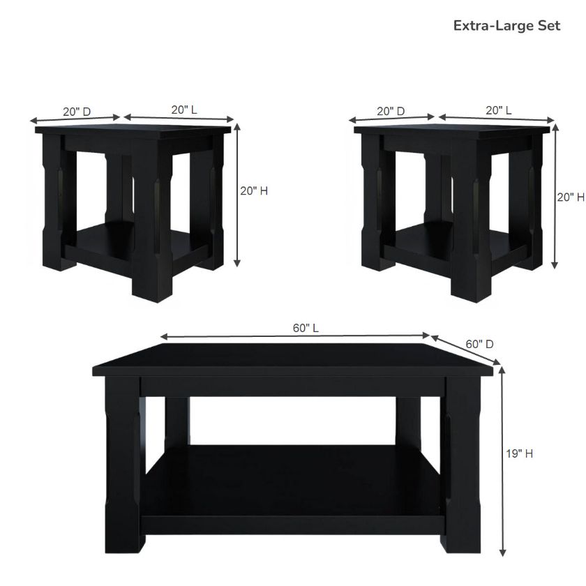 Brimson Black Solid Wood 3 Piece Coffee Table Set Size Image