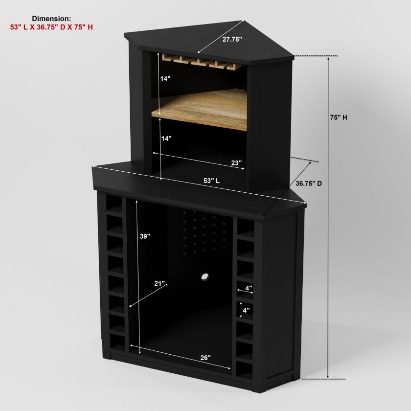 Erie Black Corner Wine Bar with Fridge Space Dimension Image