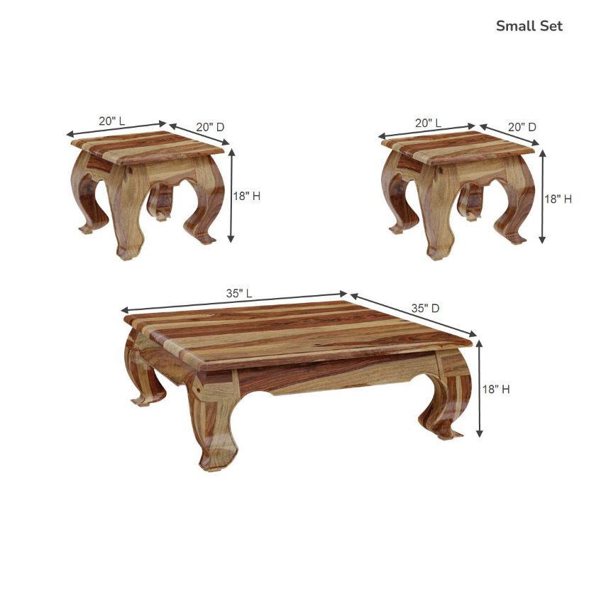 Halfeti Contemporary Rustic Solid Wood 3 Piece Opium Coffee Table Set Size Image