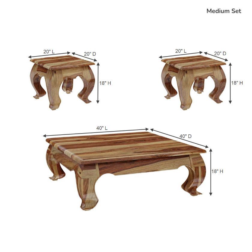 Halfeti Contemporary Rustic Solid Wood 3 Piece Opium Coffee Table Set Size Image