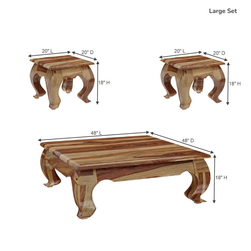 Halfeti Contemporary Rustic Solid Wood 3 Piece Opium Coffee Table Set Size Image