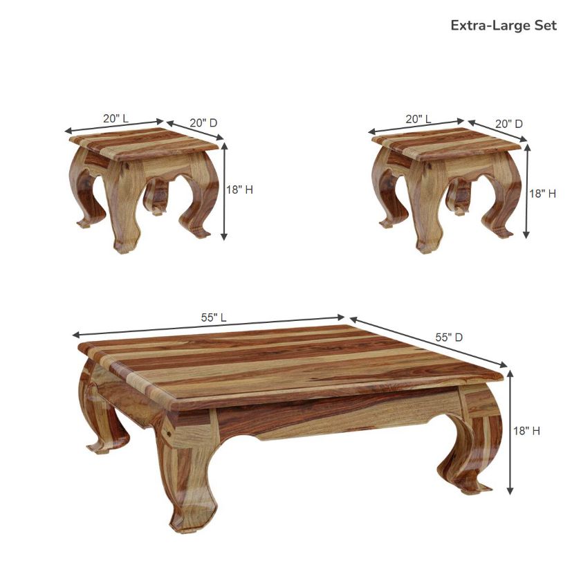 Halfeti Contemporary Rustic Solid Wood 3 Piece Opium Coffee Table Set Size Image