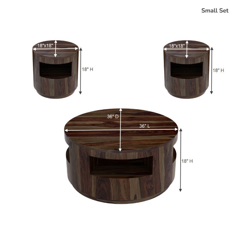 Ladonia Rustic Contemporary 3 Piece Round Coffee Table Set Size Image