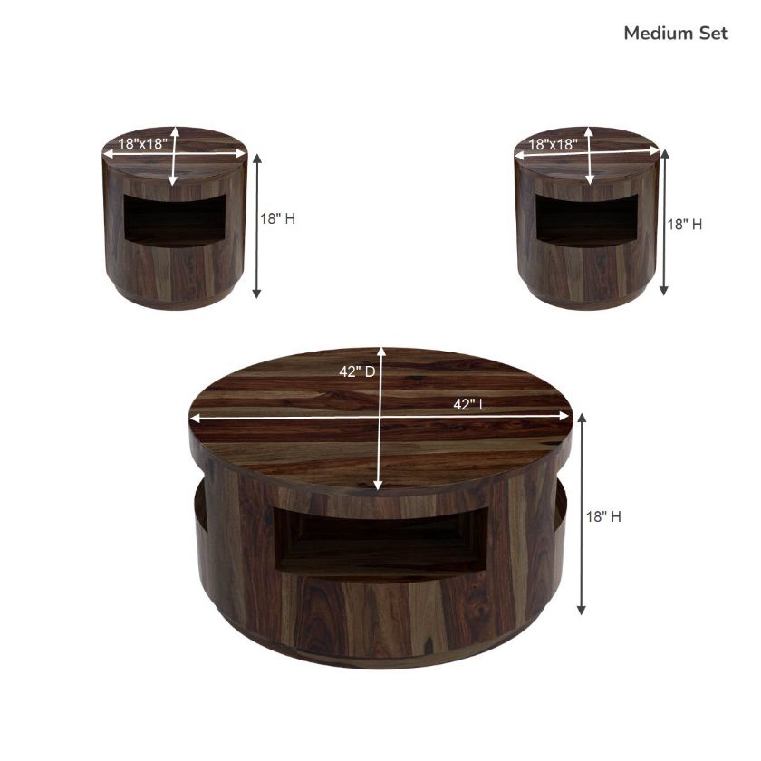 Ladonia Rustic Contemporary 3 Piece Round Coffee Table Set Size Image