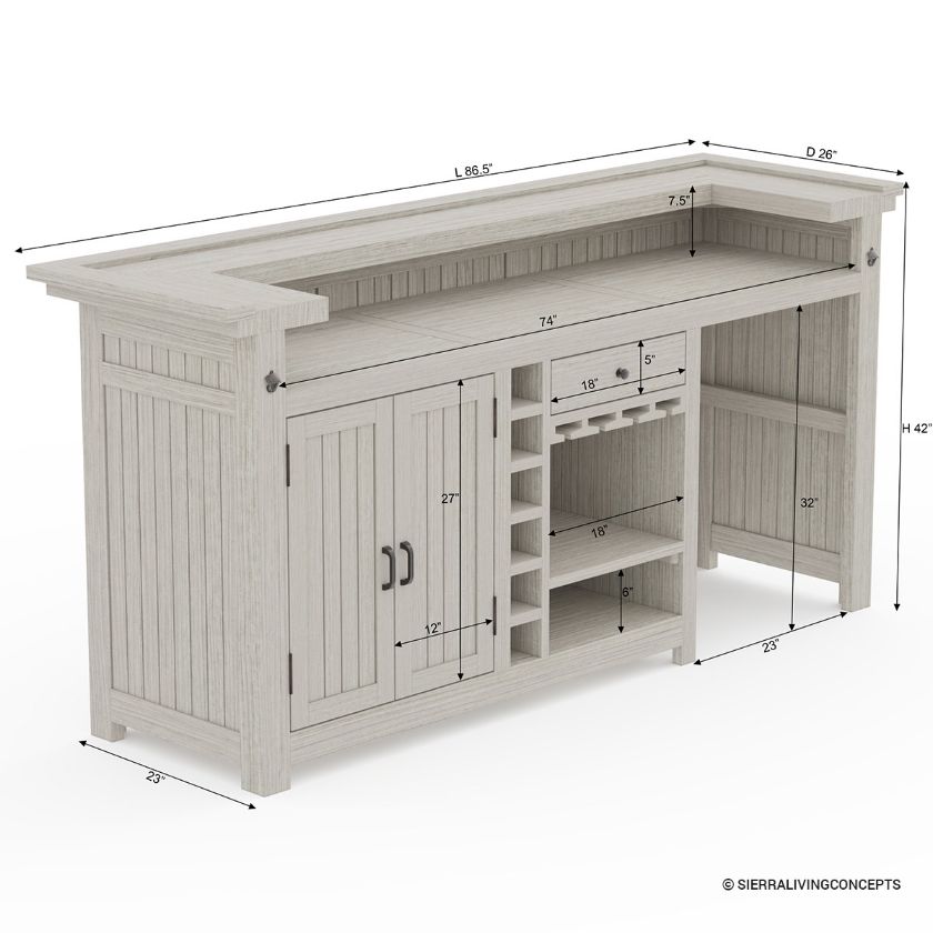 Valencia Weathered Solid Wood Outdoor Bar Cabinet with Storage Size Image