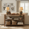 Picture of Barrie 3 Tier Rustic Farmhouse Console Table Behind Sofa